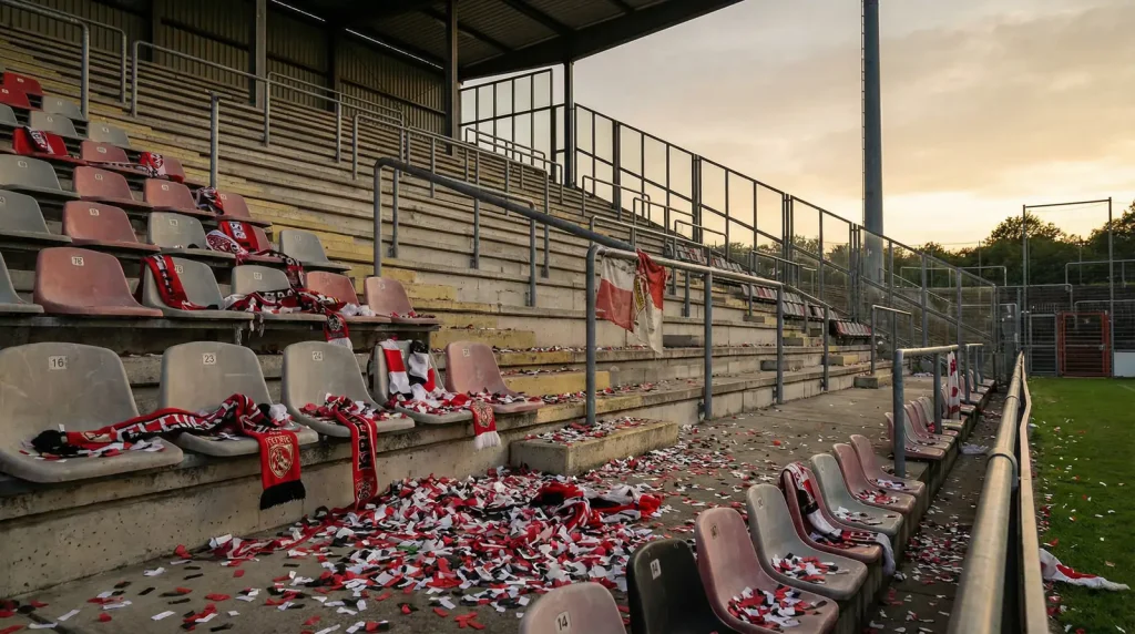 Leere Tribüne in einem Fußballstadion nach einem Abstiegsspiel der 2. Bundesliga
