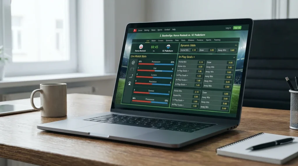 Laptop-Bildschirm mit Live-Wetten-Oberfläche für ein Spiel der 2. Bundesliga
