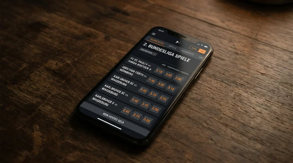 Smartphone mit geöffneter Bwin-App und Quotenübersicht für ein Spiel der 2. Bundesliga