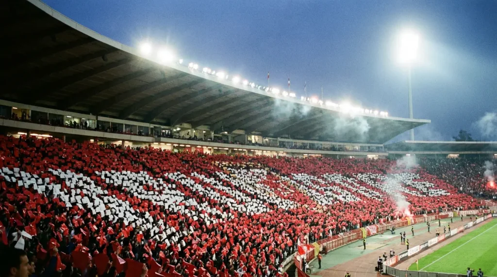 Stadion mit Fanchoreo bei einem Derby in der 2. Bundesliga mit Quotenanzeige