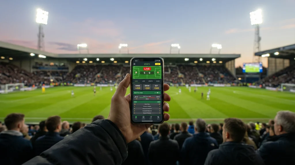 Person im Fußballstadion mit Smartphone, das eine Live-Wetten-Oberfläche zur 2. Bundesliga zeigt