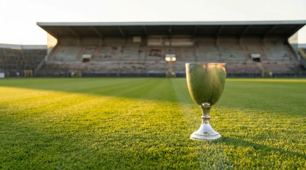 Generische Fußballmeisterschale auf grünem Rasen vor leerer Stadiontribüne