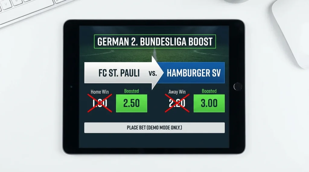 Tablet-Bildschirm mit einer hervorgehobenen Boost-Quote für ein Spiel der 2. Bundesliga