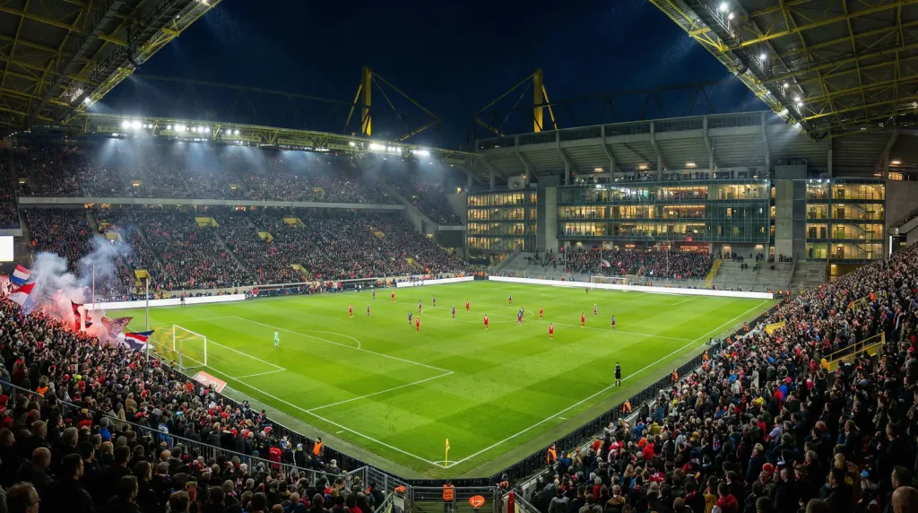 Volles Fußballstadion mit Flutlicht während eines Relegationsspiels zur 2. Bundesliga