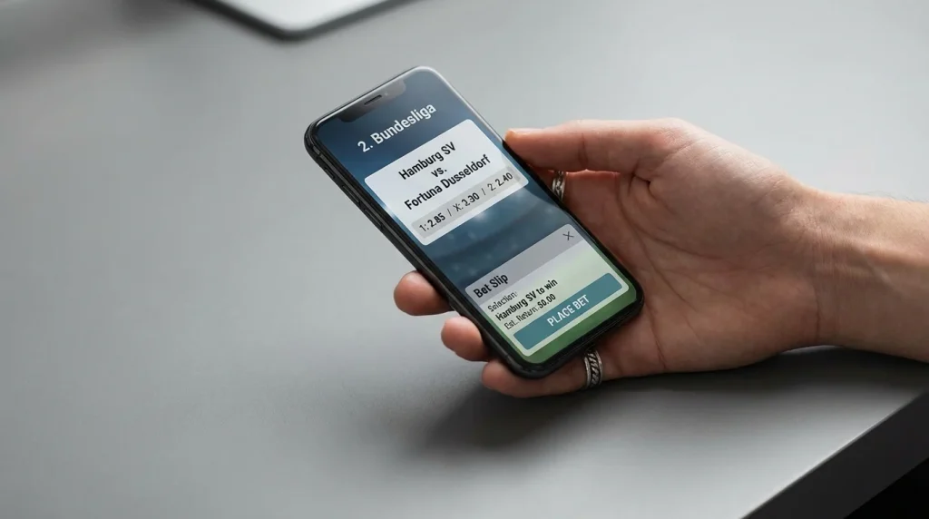 Smartphone mit der Tipico-App und einem Wettschein für ein Spiel der 2. Bundesliga