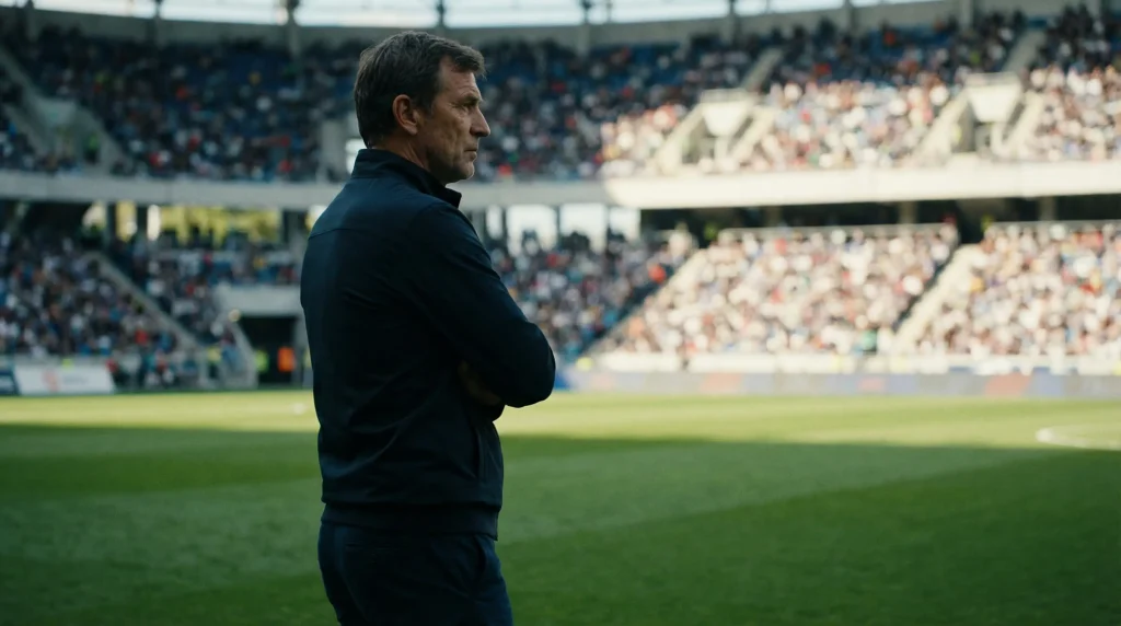 Cheftrainer auf der Trainerbank in einem Stadion der 2. Bundesliga mit Quotenanzeige