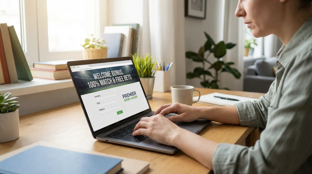 Person bei der Anmeldung zu einem Sportwetten-Konto am Laptop mit Bonusangebot auf dem Bildschirm